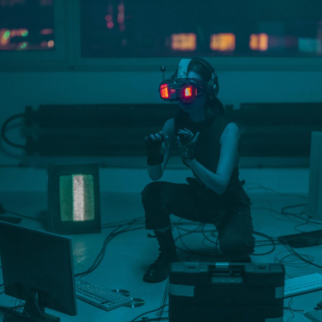 A Woman in a Tank Top Using a VR Headset